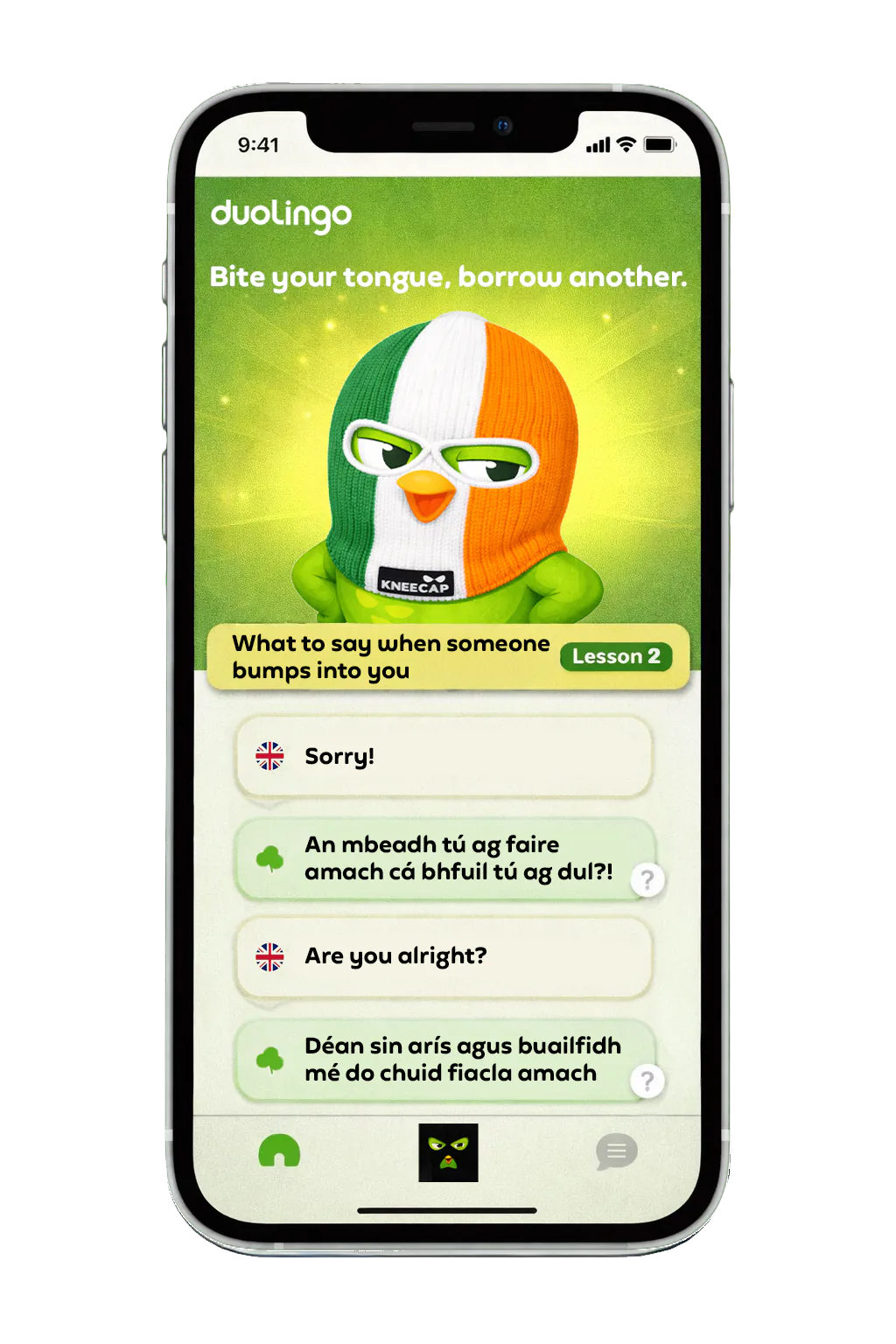 Duolingo app lesson: what to say when someone bumps into you (Irish)