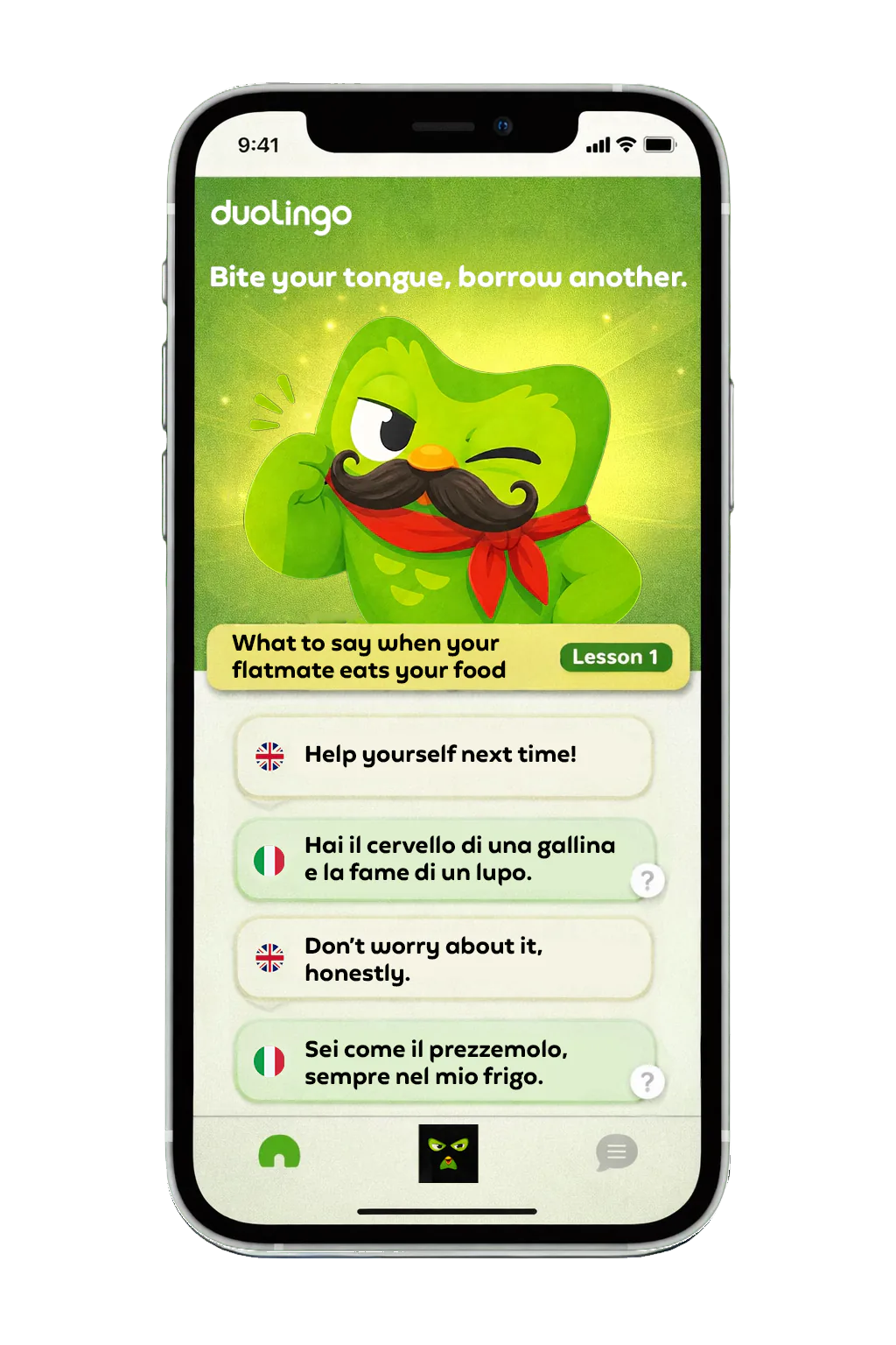 Duolingo app lesson: what to say when your flatmate eats your food (Italian)