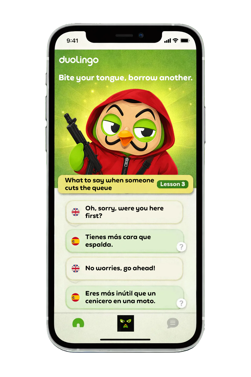 Duolingo app lesson: what to say when someone cuts the queue (Spanish)