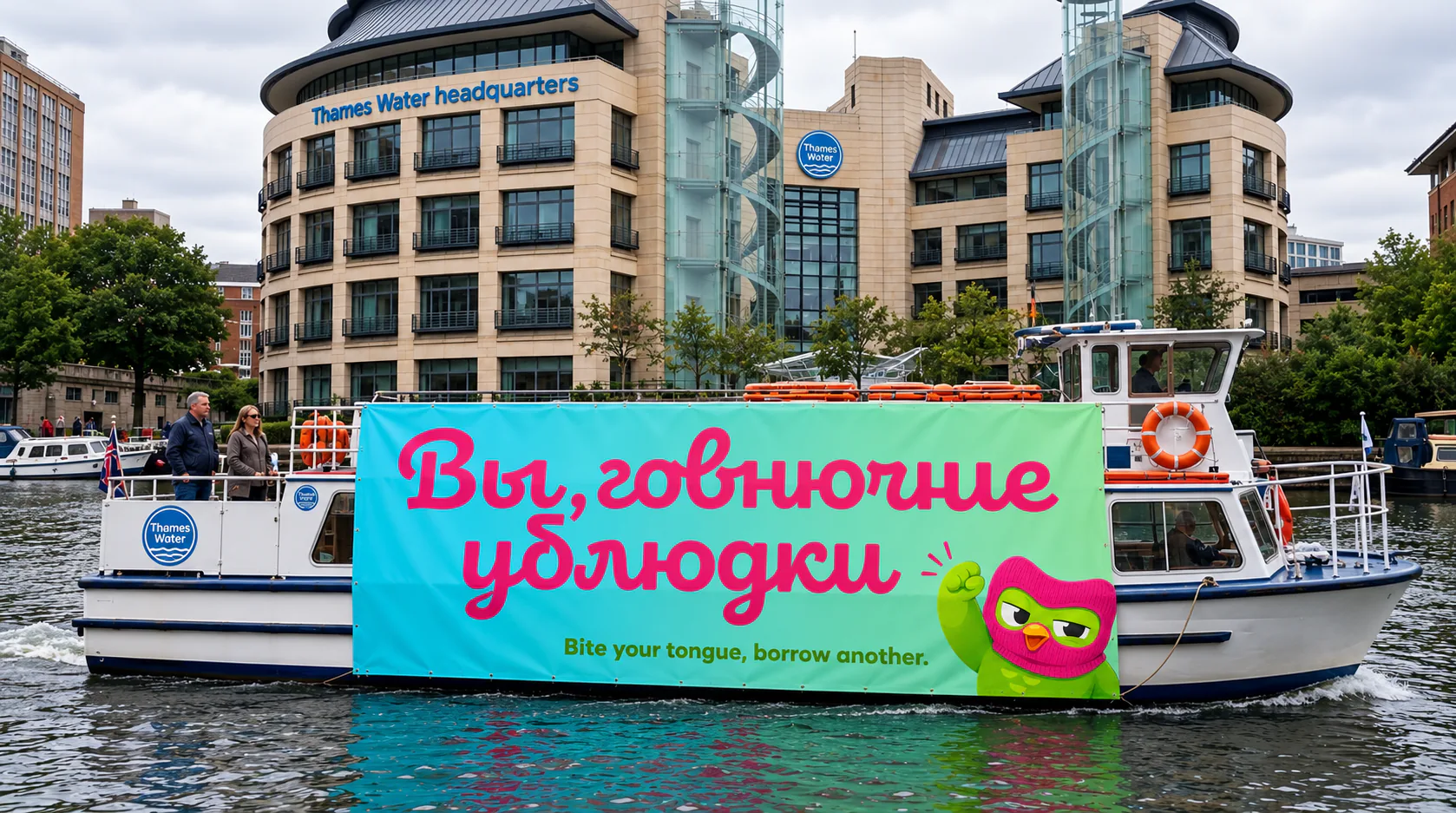 Duolingo banner on a boat outside Thames Water headquarters