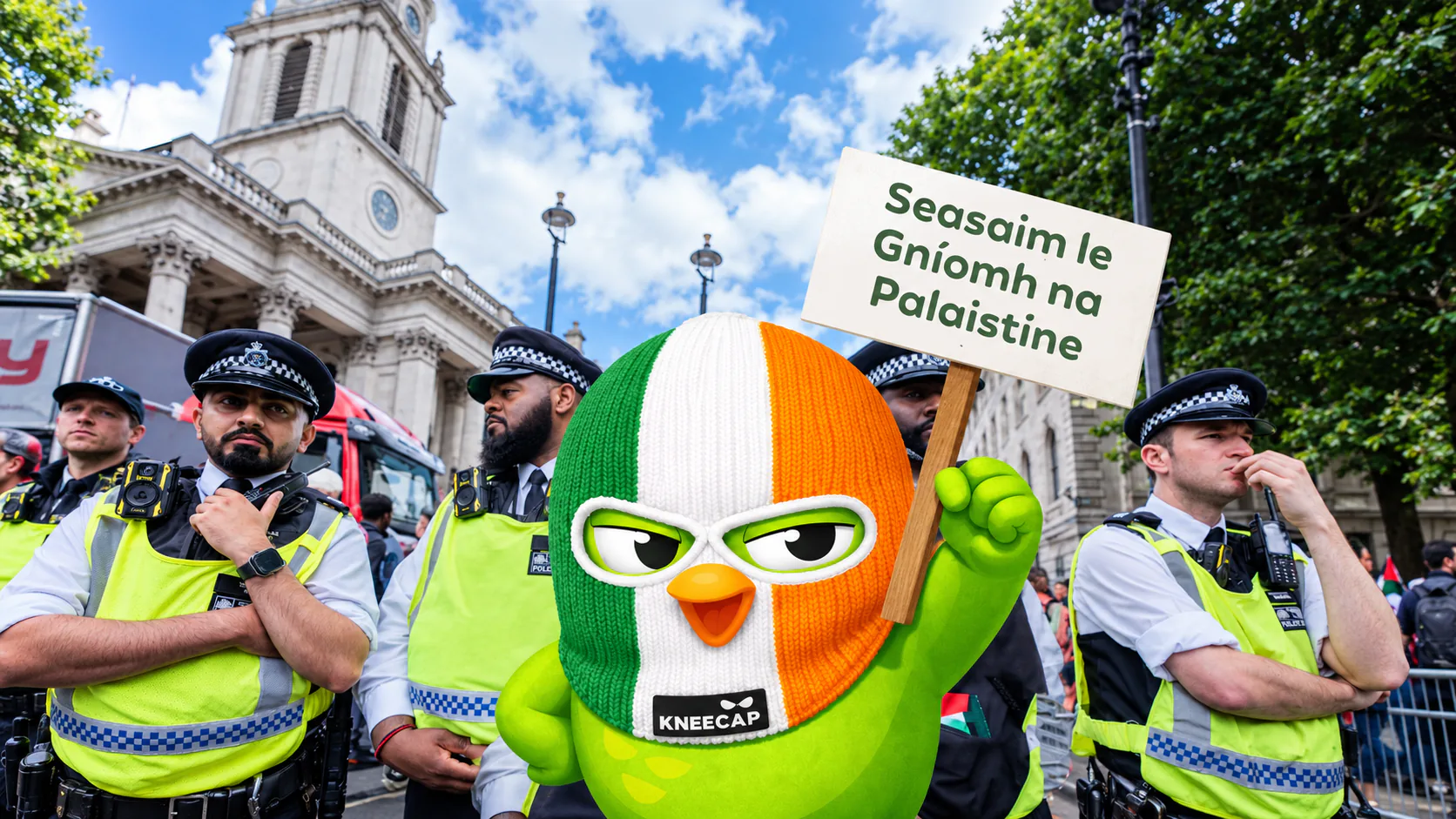 Duo in a Kneecap balaclava at a protest holding a sign: Seasaim le Gníomh na Palaistíne