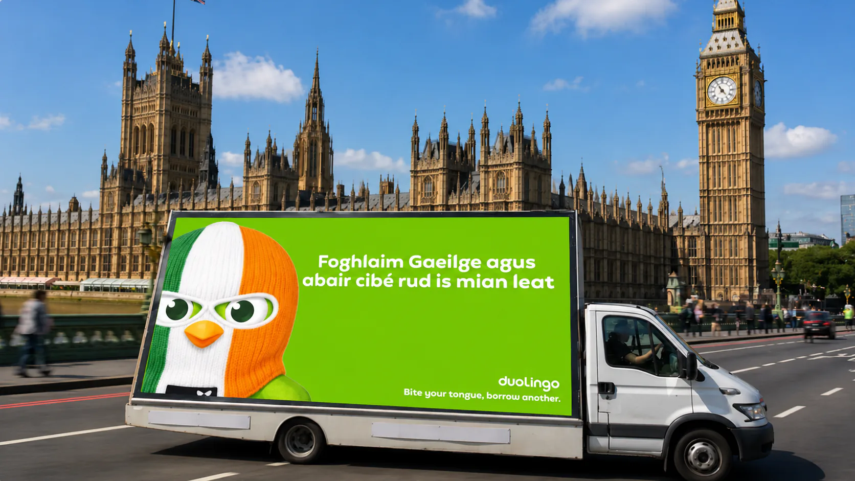 Duolingo ad van outside Parliament