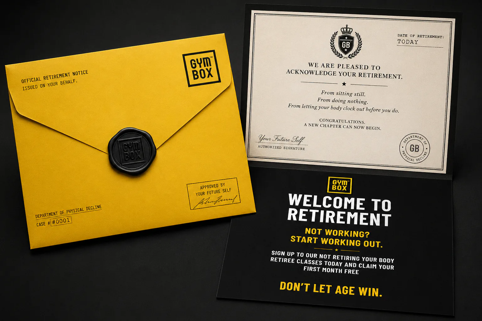 Gymbox retirement notice envelope and certificate