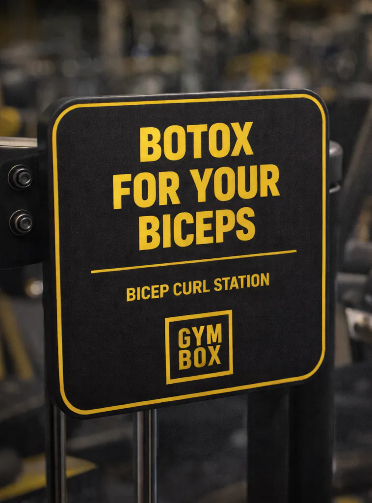 Gymbox machine sign: Botox for your biceps