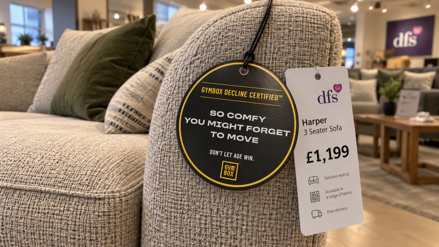 Gymbox Decline Certified swing tag on a DFS sofa: So comfy you might forget to move
