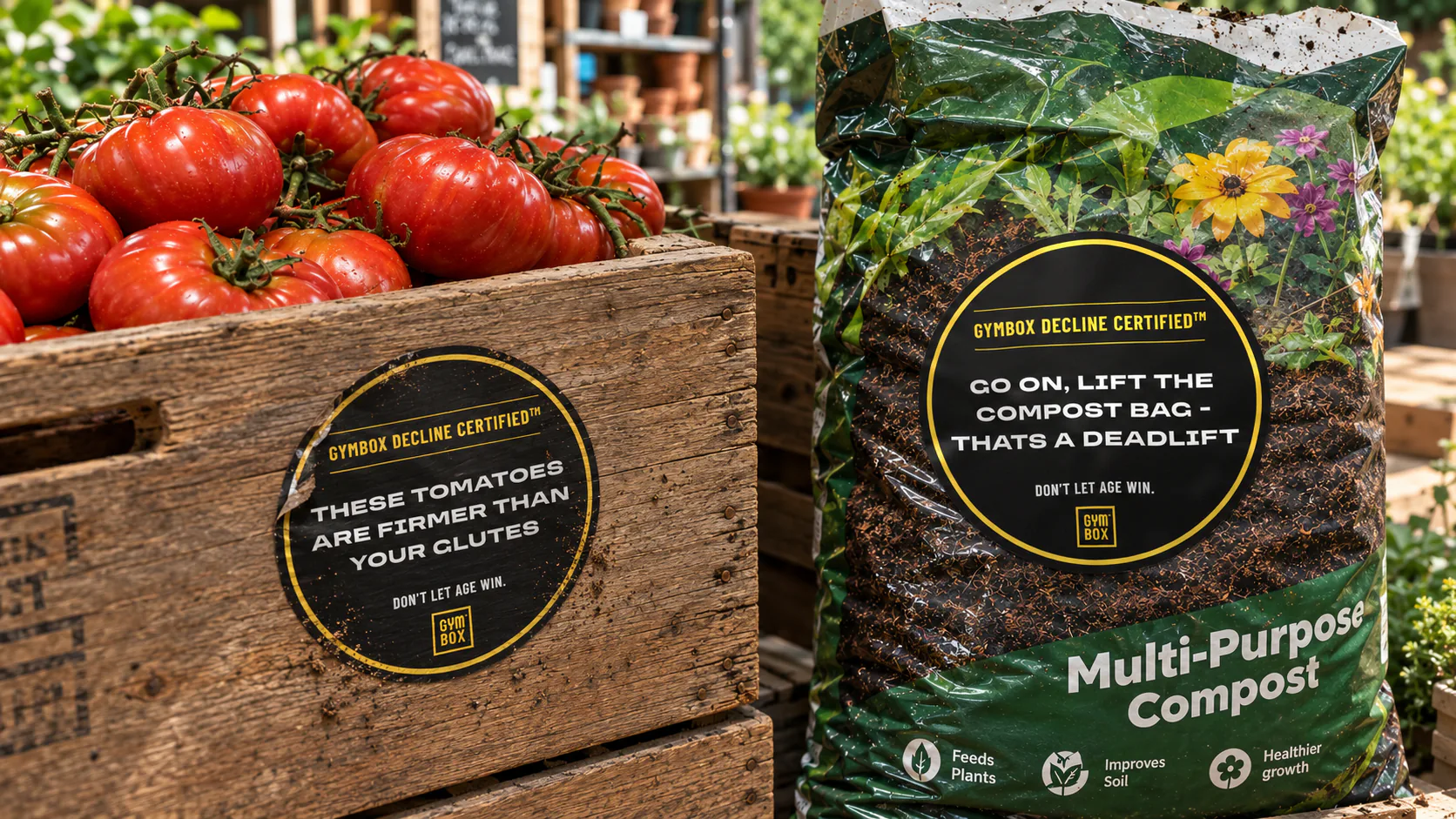 Gymbox Decline Certified stickers at a garden centre: These tomatoes are firmer than your glutes