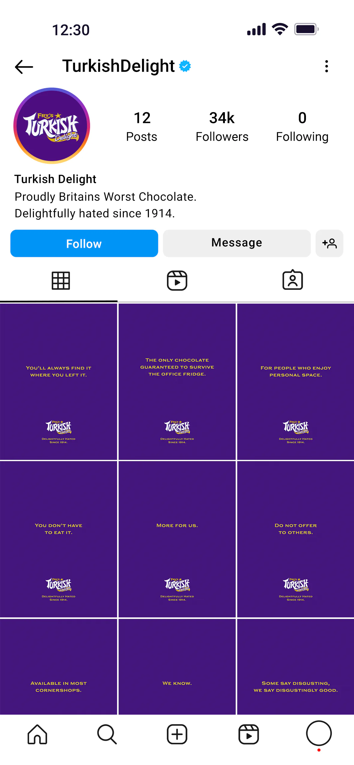 Turkish Delight Instagram profile: Proudly Britain’s worst chocolate. Delightfully hated since 1914.