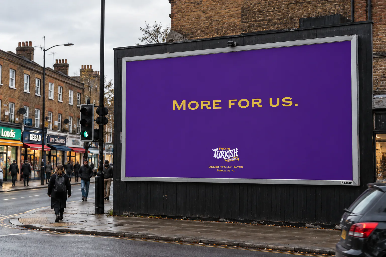 Fry's Turkish Delight billboard on a rainy high street: More for us.
