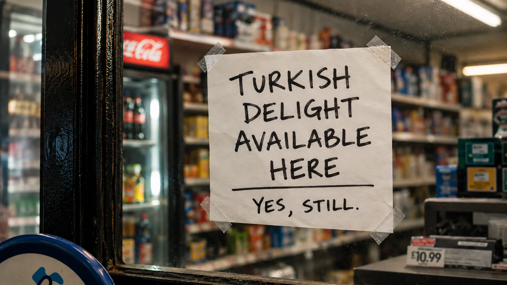 Corner shop sign: Turkish Delight available here. Yes, still.