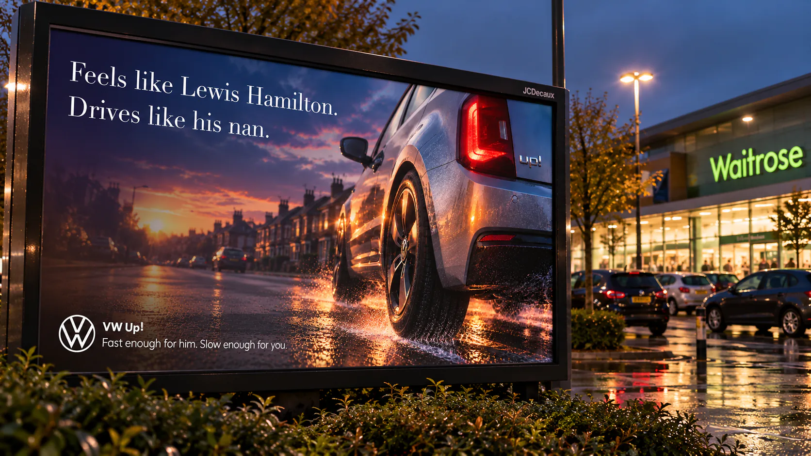 VW Up! billboard in a Waitrose car park: Feels like Lewis Hamilton. Drives like his nan.