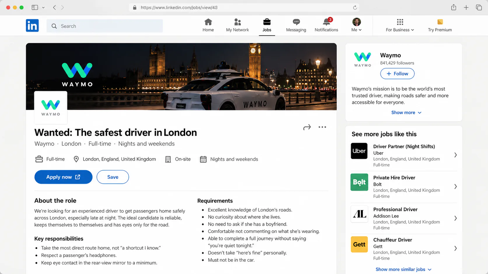 LinkedIn job listing from Waymo: Wanted: The safest driver in London