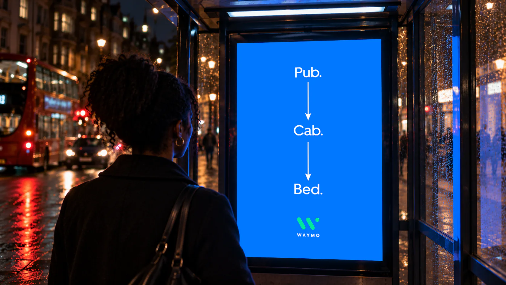 Waymo bus shelter screen at night: Pub, Cab, Bed, changing to a list of safety checks