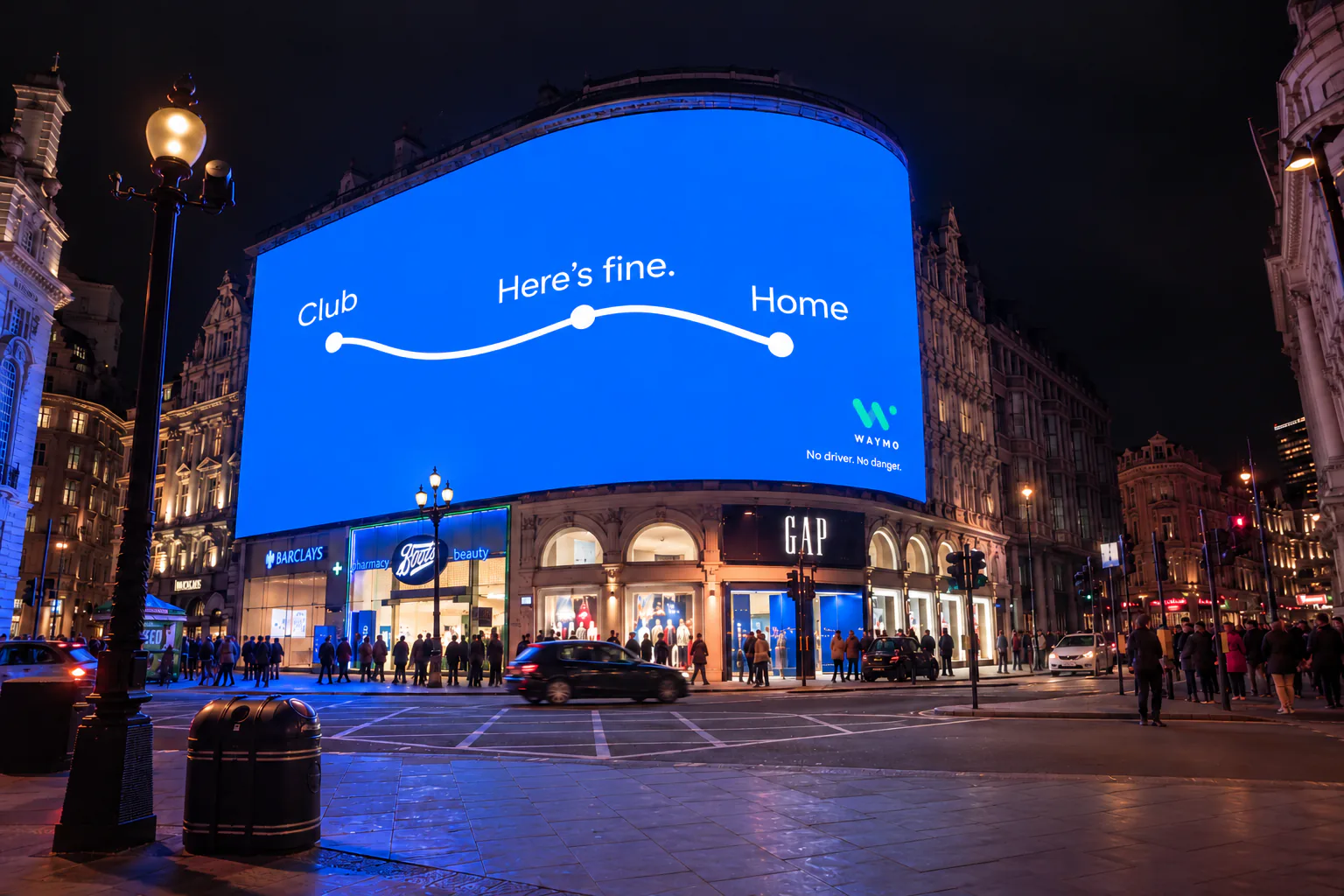 Waymo Club, Here’s fine, Home ad on the curved screen at Piccadilly Circus at night