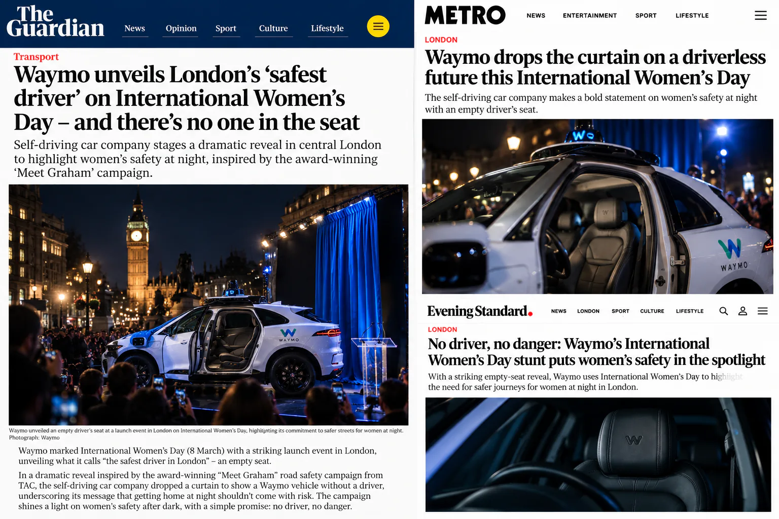Press coverage of Waymo's empty driver seat reveal in London on International Women's Day