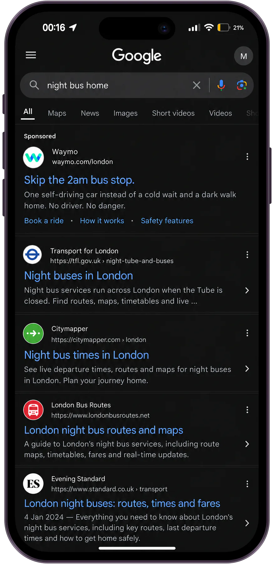 Google search for night bus home with sponsored Waymo ad: Skip the 2am bus stop.
