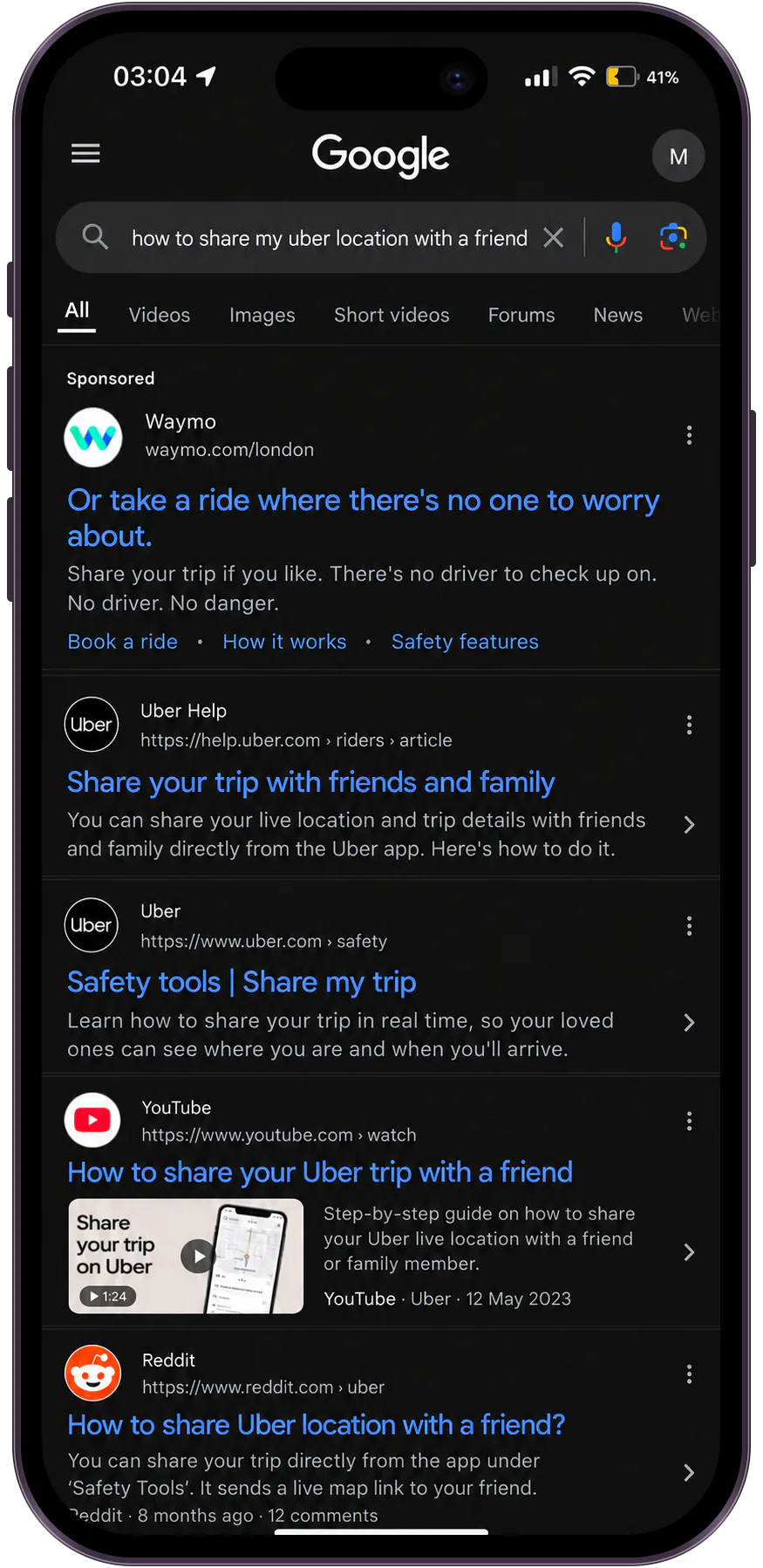 Google search for sharing an Uber location with sponsored Waymo ad: Or take a ride where there’s no one to worry about.