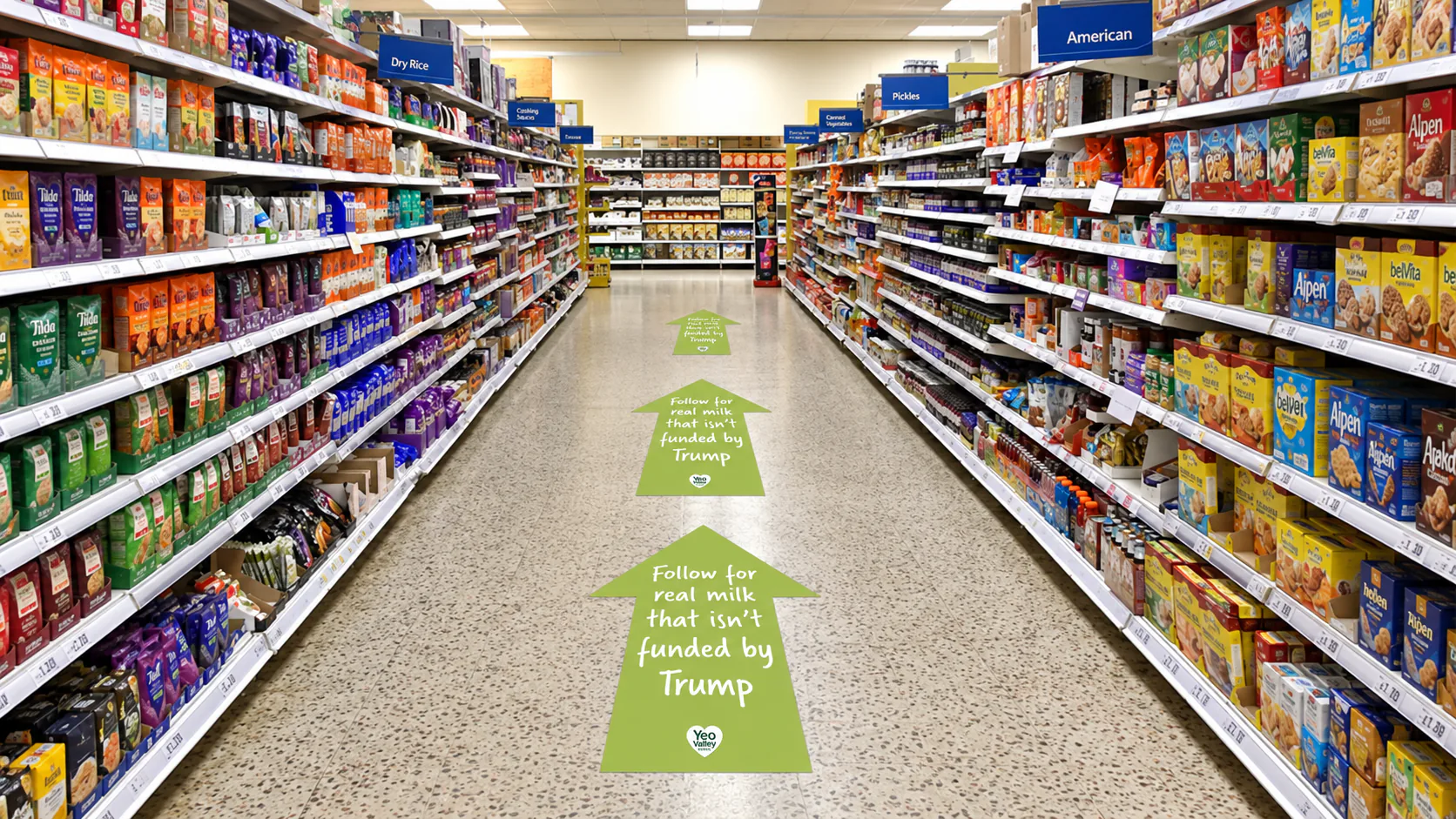 Supermarket floor arrows: Follow for real milk that isn't funded by Trump