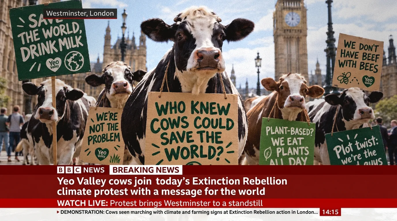 BBC News breaking news: Yeo Valley cows join today’s Extinction Rebellion climate protest in Westminster