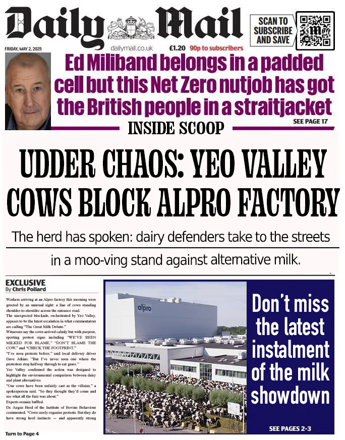 Daily Mail front page: Yeo Valley cows block Alpro factory
