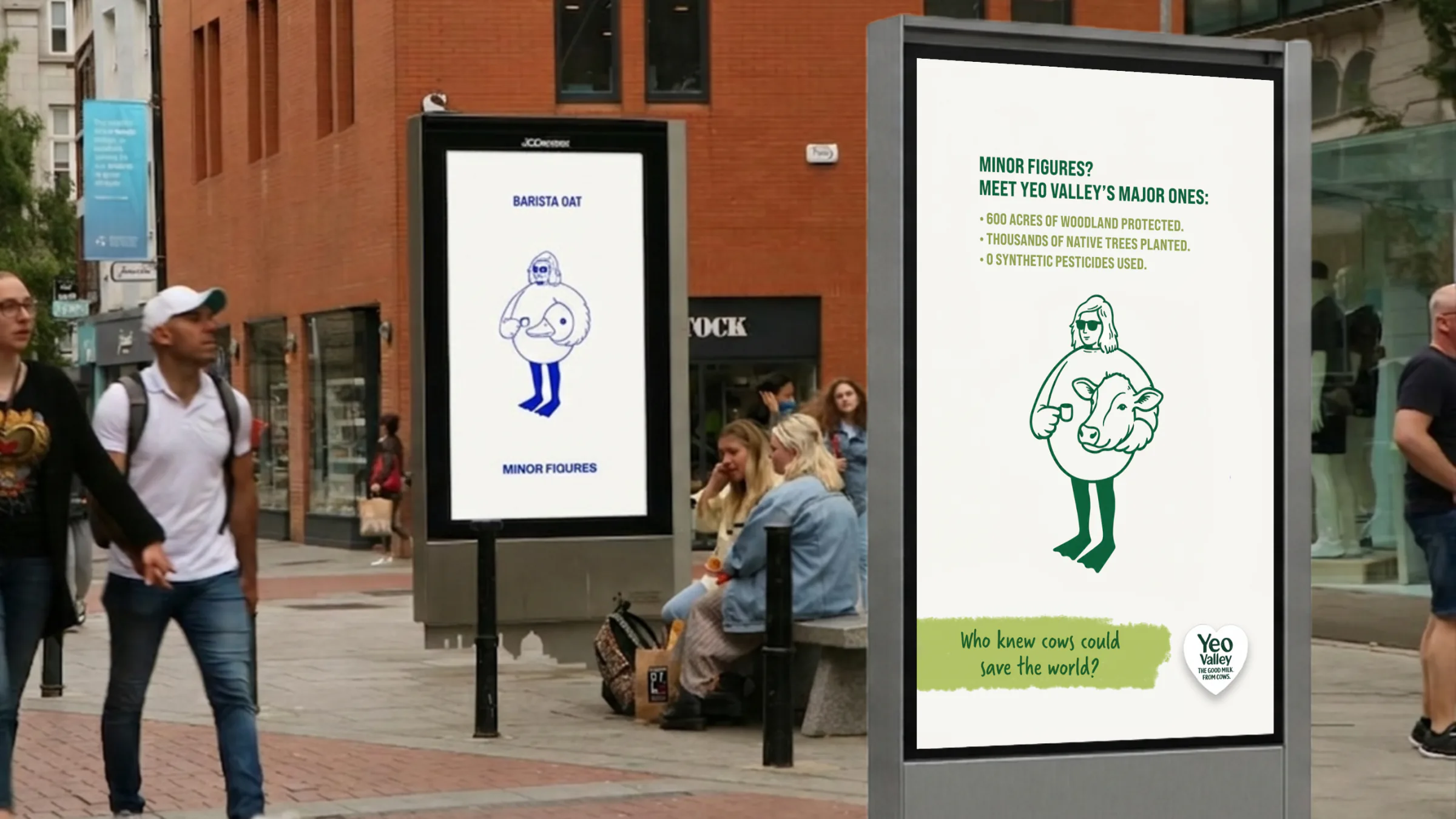 Street poster next to Minor Figures: Minor Figures? Meet Yeo Valley’s major ones. Who knew cows could save the world?