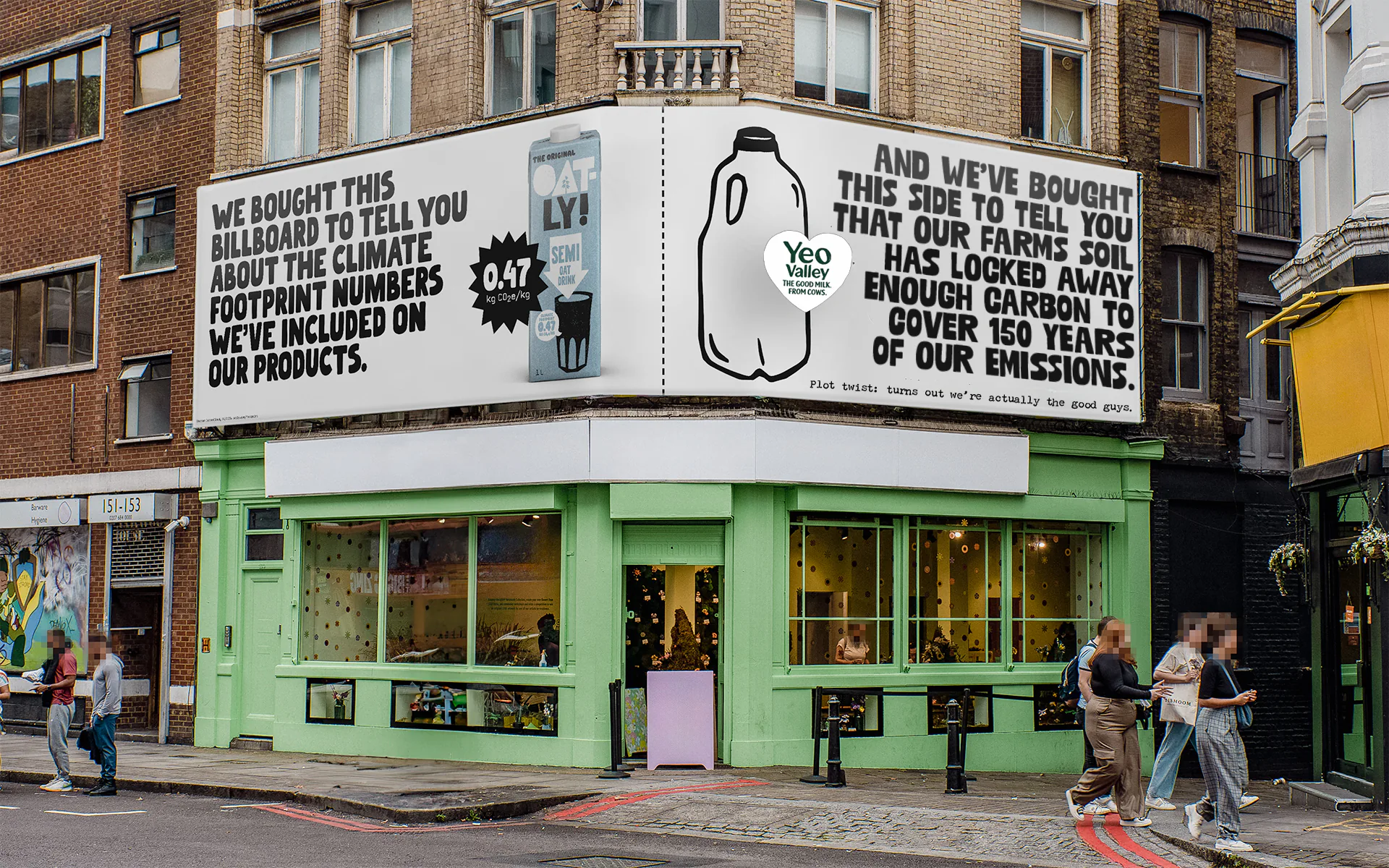 Corner billboard next to Oatly: our farms’ soil has locked away enough carbon to cover 150 years of our emissions