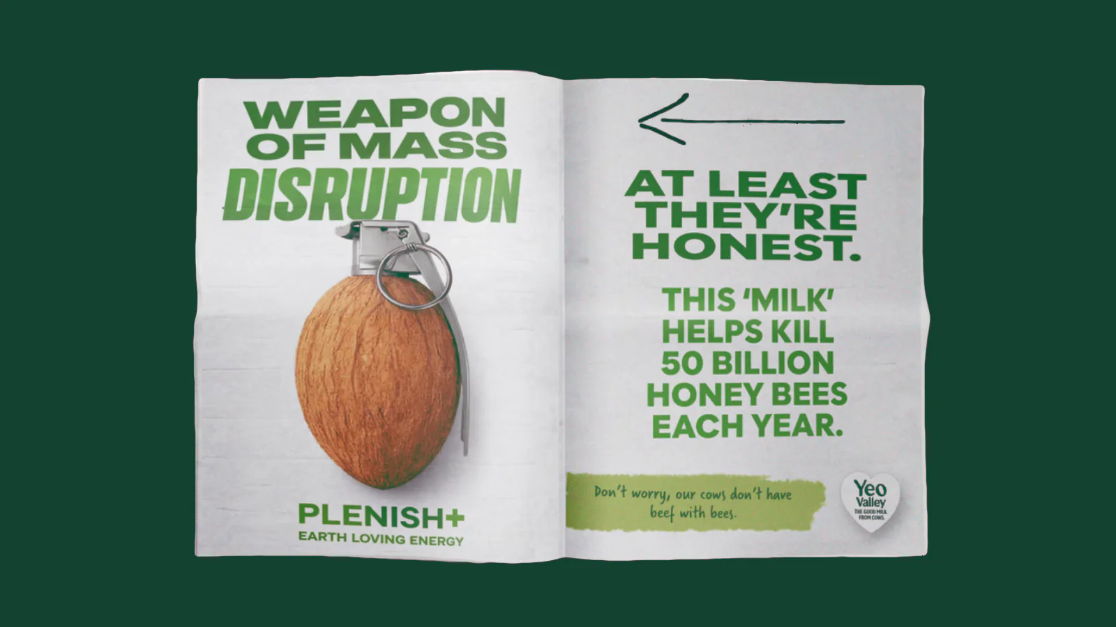 Newspaper spread next to Plenish: this milk helps kill 50 billion honey bees